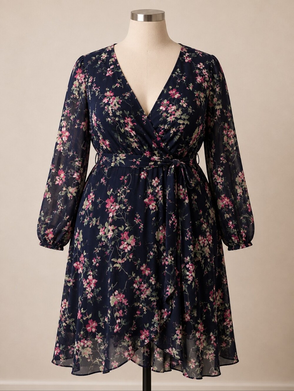 TAYLOR 20W Taylor Navy Floral Wrap Dress with Pink Blossoms